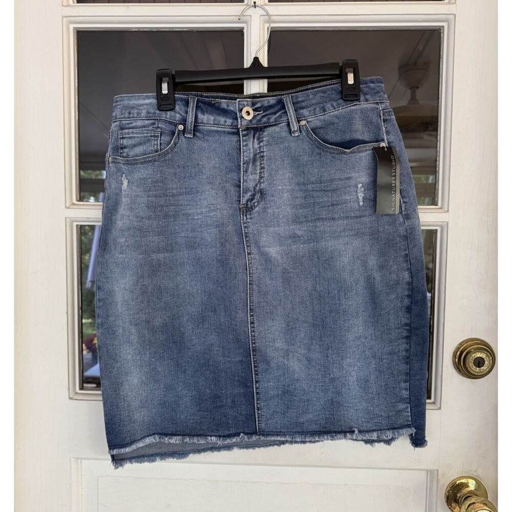 Denim Skirt 16 Women's Raw  Hem Pockets New Blue signature studio cotton blend